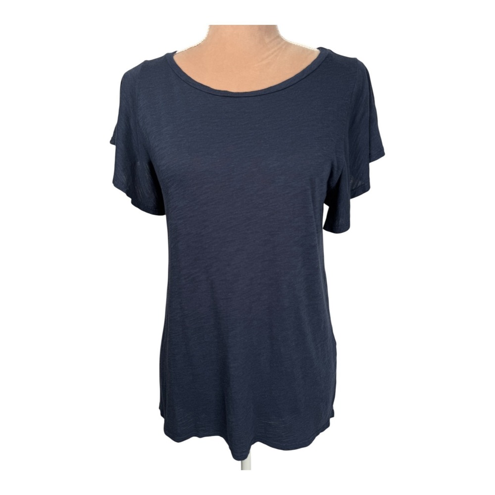 T -La Anthropologie Womens‎ XS Top Navy Blue Slub Knit Flutter Sleeve Nautical